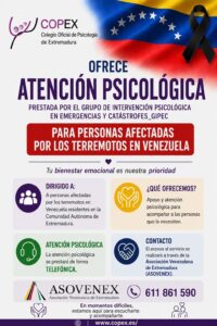 9/7 El Colegio Oficial de Psicología de Extremadura presta ayuda psicológica a los damnificados por los terremotos de Venezuela