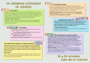 VII Jornadas Literarias de Azuaga, los días 24 y 25 de octubre en la Casa de la Cultura , organizadas por la Asociación de Escritores "Entre Pueblos", el CPR y el Ayuntamiento de Azuaga. Talleres, conferencias, ponencias, coloquios, teatro y multitud de actividades paralelas. Inscribete rápido las plazas son limitadas y gratuitas.