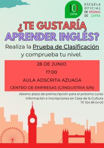 23/06 El 28 de junio se celebran en el Aula de Idiomas de Azuaga (adscrita a la Escuela Oficial de Zafra) las pruebas de clasificación de nivel.